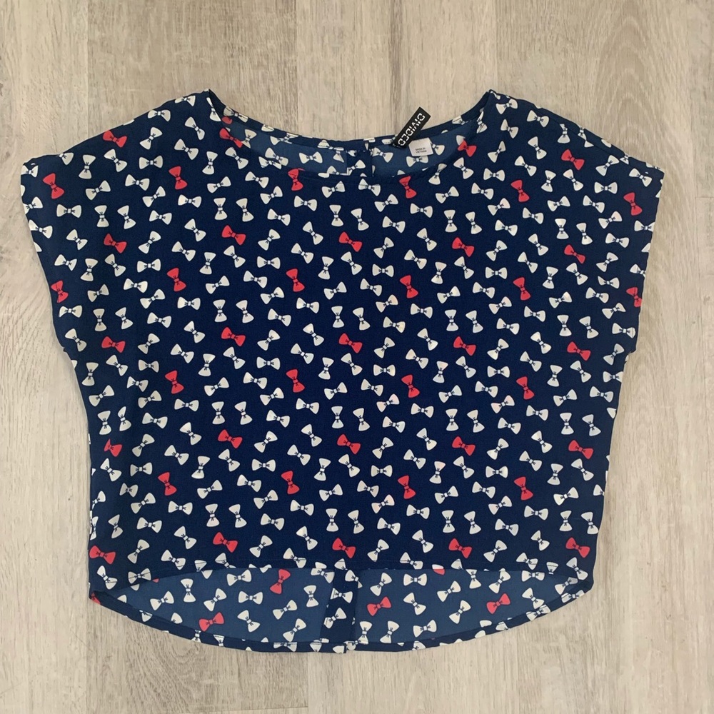 Blue White Pink Bow Print Boxy Crop Top